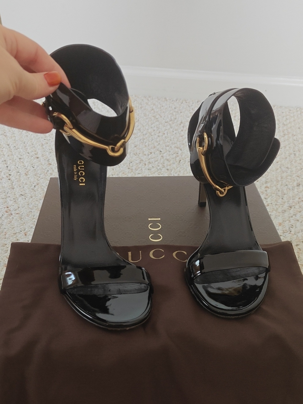 Gucci Black Patent Leather Stiletto Sandals with Gold Horsebit Accent